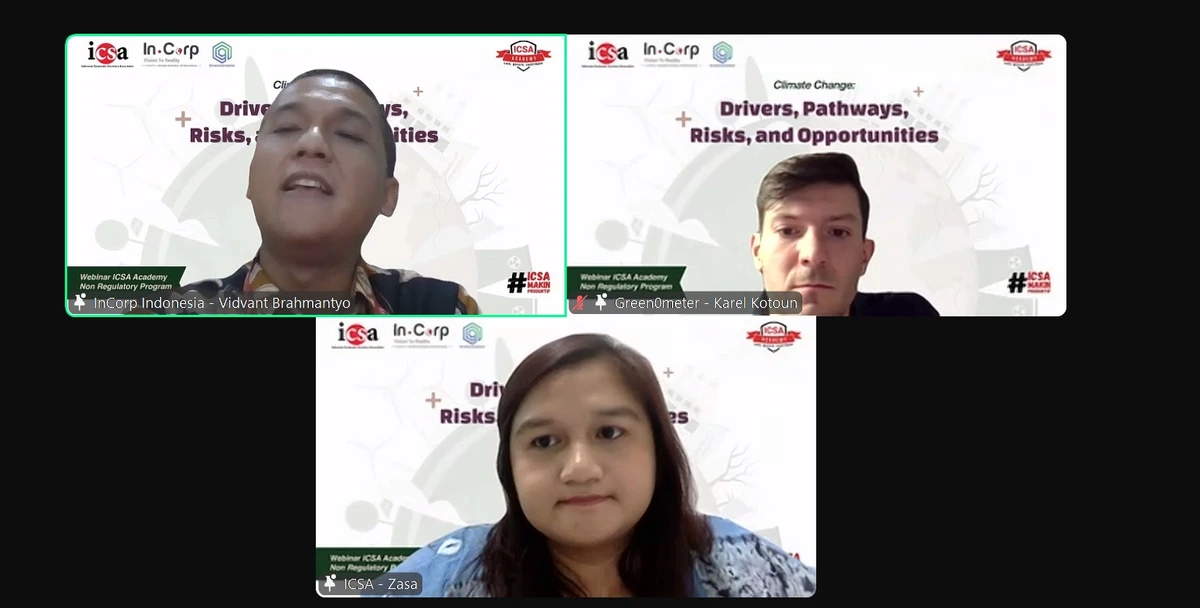 Senin, 2 Desember 2024 – Indonesia Corporate Secretary Association (ICSA) mengadakan webinar "Climate Change: Drivers, Pathways, Risks, and Opportunities", Kamis, (28/11). Materi pada webinar yang dihadiri oleh lebih dari 80 peserta tersebut, dipaparkan oleh Chief Executive Officer Incorp Indonesia Vidvant Brahmantyo dan Founder Green0meter.com Karel Kotoun. 

Sekretaris perusahaan perlu untuk mengetahui berbagai aspek perubahan iklim, mulai dari penggerak utama penyebab krisis iklim hingga cara yang dapat diambil untuk mengatasinya. Dengan diadakannya webinar ini, diharapkan peserta dapat memitigasi risiko perubahan iklim bagi perusahaan dan melihat peluang dalam menciptakan bisnis yang berkelanjutan.<br>
                  