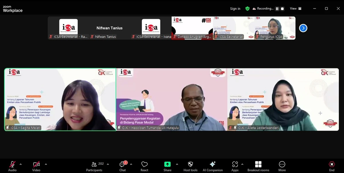 Rabu, 22 Januari 2025 – Indonesia Corporate Secretary Association (ICSA) mengadakan webinar regulatory "Pendalaman POJK No. 29/POJK.04/2016 tentang Laporan Tahunan Emiten atau Perusahaan Publik & POJK No. 51/POJK.03/2017 tentang Penerapan Keuangan Berkelanjutan bagi Lembaga Jasa Keuangan, Emiten, dan Perusahaan Publik" pada Rabu, (22/1). Sebanyak lebih dari 200 peserta hadir dalam webinar .

Materi webinar ini disampaikan oleh Analis Senior Direktorat Pengaturan dan Standar Akuntansi Pasar Modal Otoritas Jasa Keuangan (OJK) Hasoloan Tumanda Uli Hutajulu dan Analis Direktorat Pengaturan dan Standar Akuntansi Pasar Modal OJK Alieta Lestariwandari.

ICSA berharap, webinar ini dapat memberikan pemahaman serta panduan dalam pembuatan laporan tahunan dan laporan keberlanjutan bagi peserta di masing-masing perusahaannya.<br>
                  