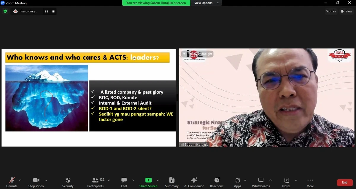 Selasa, 24 September 2024 – Indonesia Corporate Secretary Association (ICSA) mengadakan webinar non-regulatory dengan tema "Strategic Finance for Sustainability: The Role of Corporate Secretary as BoD Business Partner to Boost Sustainability Awareness", Selasa (24/9). Sekitar 140 partisipan hadir dalam webinar.

Webinar yang dimoderatori Anggota Bidang Edukasi ICSA Ratih Safitiri ini, mengundang Independent Commissioner & Head of Audit Committee PT Air Asia Indonesia Tbk Sabam Hutajulu sebagai narasumber.

Melalui webinar ini, peserta diharapkan dapat memahami pentingnya strategic management process dan strategic finance untuk mencapai sustainability perusahaan. Selain itu, peserta juga diharapkan dapat memahami peran sekretaris perusahaan sebagai strategic business partner BoD dalam menjalankan healthy operation perusahaan.<br>
                  