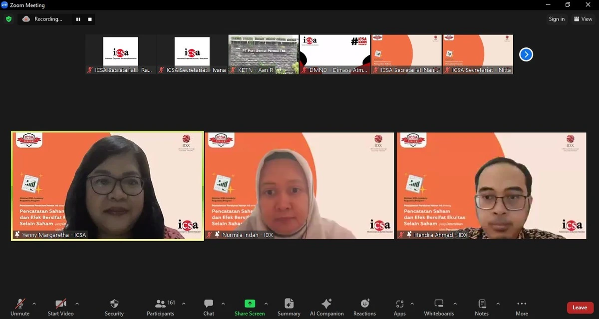 Selasa, 23 Juli 2024 – Indonesia Corporate Secretary Association (ICSA) bekerjasama dengan PT Bursa Efek Indonesia (BEI) mengadakan webinar regulatory "Pendalaman Peraturan Nomor I-A tentang Pencatatan Saham dan Efek Bersifat Ekuitas Selain Saham yang Diterbitkan oleh Perusahaan Tercatat" pada Selasa (23/7).

Webinar yang dihadiri lebih dari 160 peserta ini, dimoderatori oleh Anggota Bidang Organisasi dan Keanggotaan ICSA Yenny Margaretha. Lalu materi disampaikan oleh Senior Spesialist Divisi Penilaian Perusahaan 1 BEI Nurmila Indah Kusumawati dan Kepala Unit Evaluasi dan Monitoring 3 Divisi Penilaian Perusahaan 2 BEI Hendra Ahmad Hidayat.

Peraturan I-A dibuat untuk mengatur tentang pencatatan saham, persyaratan untuk berada di suatu papan pencatatan, mekanisme perpindahan papan pencatatan, serta menetapkan pengertian saham free float.

Dengan diadakannya webinar ini, diharapkan peserta yang hadir dapat memahami Peraturan Bursa Nomor I-A dan menerapkannya dengan baik di perusahaannya masing-masing.<br>
                  