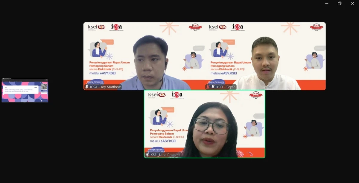 Kamis,  31 Oktober 2024 – Indonesia Corporate Secretary Association (ICSA) berkolaborasi dengan Kustodian Sentral Efek Indonesia (KSEI) mengadakan webinar "Penyelenggaraan Rapat Umum Pemegang Saham secara Elektronik (e-RUPS) melalui eASY.KSEI", Selasa, (29/10). Webinar menghadirkan pembicara dari KSEI yaitu Kepala Unit Tindakan Korporasi KSEI Nina Pratama dan Staf Pengelolaan Efek KSEI Septo Hadi Wibowo. Antusiasme yang tinggi dari anggota ICSA terlihat dengan kehadiran lebih dari 190 peserta dalam webinar.

Pada pemaparannya, narasumber menjabarkan alur penggunaan fasilitas atau fitur pada eASY.KSEI untuk emiten atau perusahaan publik dalam penyelenggaraan e-RUPS. Selain itu, narasumber juga menjelaskan prosedur penyelesaian e-RUPS dan pelaporan hasil rapat kepada Otoritas Jasa Keuangan (OJK) dan publik, serta hal-hal lain yang perlu diperhatikan dalam penggunaan eASY.KSEI.

Adanya refreshment mengenai pengoperasian eASY.KSEI melalui webinar ini diharapkan dapat membantu peserta menghindari kendala dalam pelaksanaan e-RUPS.<br>
                  