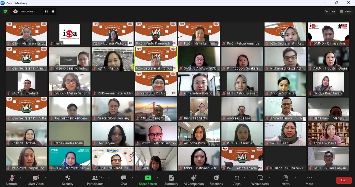 Rabu, 17 September 2024 – Laporan keberlanjutan semakin menjadi elemen penting dalam dunia bisnis. Perusahaan diharapkan memberikan informasi transparan mengenai dampak lingkungan, sosial, dan tata kelola (Environment, Social, Governance/ESG). Investor, sebagai salah satu pemangku kepentingan utama, memiliki kepentingan khusus terhadap laporan keberlanjutan perusahaan untuk menilai risiko dan peluang yang dapat mempengaruhi nilai investasi mereka. 

Berangkat dari latar belakang tersebut, Indonesia Corporate Secretary Association (ICSA) mengadakan webinar non-regulatory "What Investor Want from Sustainability Reports?" Rabu, (17/9), yang dihadiri oleh lebih dari 120 peserta.

Topik materi disampaikan oleh Partner KAP Rintis, Jumadi, Rianto & Rekan (PwC Indonesia) Yanto Kamarudin, Partner PwC Indonesia Meita Laimanto, dan Senior Manager PwC Indonesia Felicia Amanda Soesanto.

Dengan diadakannya webinar ini, diharapkan peserta yang hadir bisa mempelajari hal-hal penting pada laporan keberlanjutan yang menjadi perhatian investor serta menyusun laporan keberlanjutan secara bertanggung jawab.<br>
                  