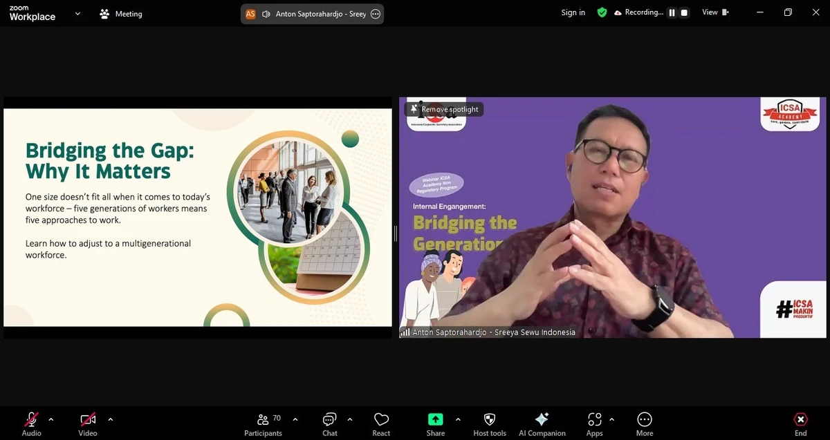 Senin, 20 Januari 2025 – Indonesia Corporate Secretary Association (ICSA) mengadakan webinar pertamanya pada tahun 2025 dengan tema “Internal Engagement: Bridging the Generation Gap” pada Kamis, (16/1). Webinar yang mengundang Human Resources Director PT Sreeya Sewu Indonesia Tbk Anton Saptorahardjo sebagai narasumber tersebut diikuti oleh lebih dari 100 peserta.

Dalam webinar, peserta yang hadir diberikan materi cara memahami karakterisik, nilai, dan preferensi setiap generasi di lingkungan kerja. Selain itu, dijelaskan pula cara mengidentifikasi potensi tantangan dan peluang dari keberagaman generasi dalam konteks organisasi, serta cara menganalisis dampak kesenjangan generasi terhadap peran dan fungsi sekretaris perusahaan, termasuk dalam komunikasi, kolaborasi, dan tata kelola perusahaan.

Anton menyampaikan, “Jangan sampai kita memberikan label yang terlalu ekstrem kepada seseorang yang berbeda generasi. Kunci dalam menghadapi generation gap yaitu komunikasi yang terbuka serta memahami situasi dan kondisi di era saat ini.”<br>
                  
